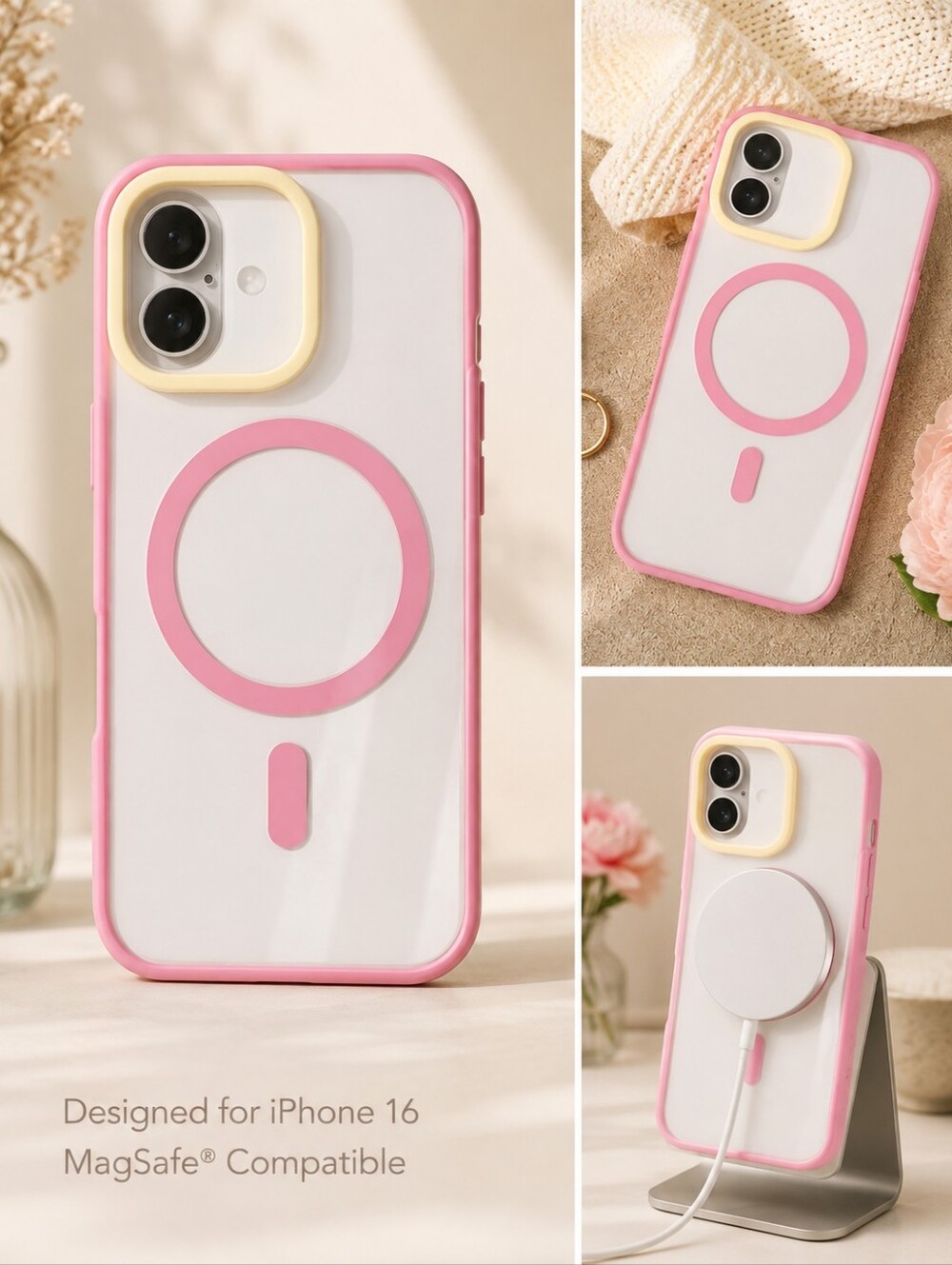 iPhone 16 MagSafe Compatible Pink & Cream Protective Case